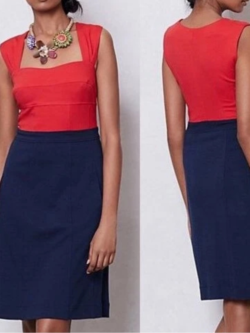 Anthropologie Women's Red and Navy Colorblock Pencil Dress - Tailored Sheath